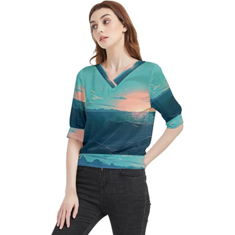 Ai Generated Ocean Sea Water Anime Nautical Quarter Sleeve Blouse by Pakemis