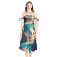 Tropical Island Fantasy Landscape Palm Trees Ocean Shoulder Tie Bardot Midi Dress by Pakemis