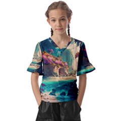 Tropical Island Fantasy Landscape Palm Trees Ocean Kids  V-neck Horn Sleeve Blouse by Pakemis