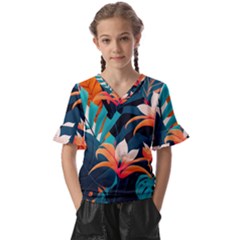 Tropical Flowers Floral Floral Pattern Patterns Kids  V-neck Horn Sleeve Blouse by Pakemis