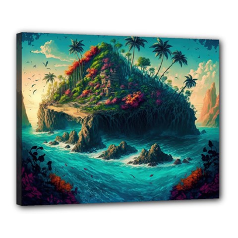 Tropical Island Paradise Ocean Sea Palm Trees Canvas 20  X 16  (stretched) by Pakemis