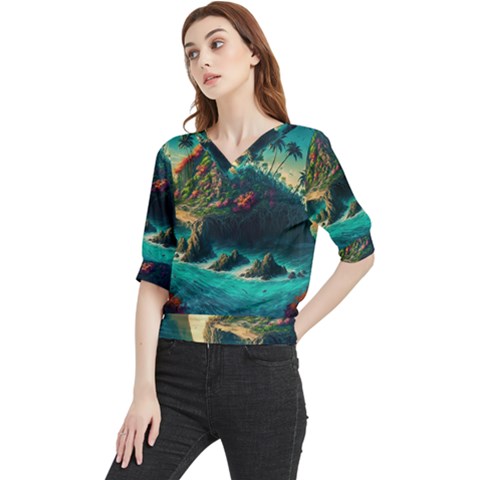 Tropical Island Paradise Ocean Sea Palm Trees Quarter Sleeve Blouse by Pakemis