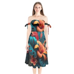 Ai Generated Tropical Flowers Floral Floral Pattern Shoulder Tie Bardot Midi Dress by Pakemis