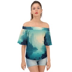 Ai Generated River Forest Woods Outdoors Off Shoulder Short Sleeve Top by Pakemis