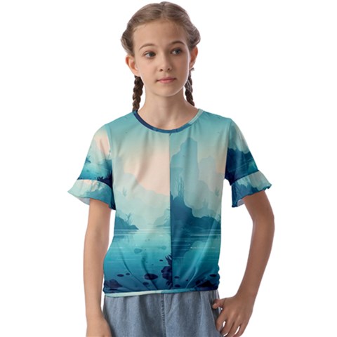 Ai Generated River Forest Woods Outdoors Kids  Cuff Sleeve Scrunch Bottom Tee by Pakemis