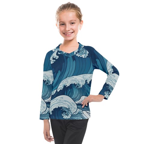 Waves Ocean Sea Pattern Water Tsunami Rough Seas Kids  Long Mesh Tee by Pakemis