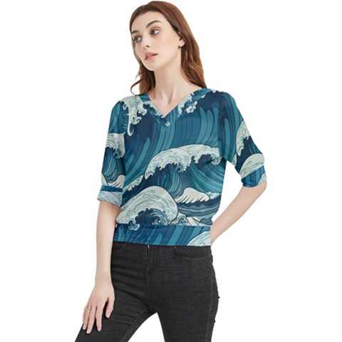 Waves Ocean Sea Pattern Water Tsunami Rough Seas Quarter Sleeve Blouse by Pakemis