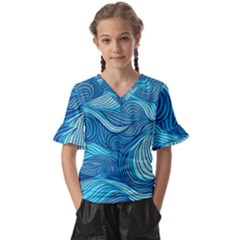 Ocean Waves Sea Abstract Pattern Water Blue Kids  V-neck Horn Sleeve Blouse by Pakemis