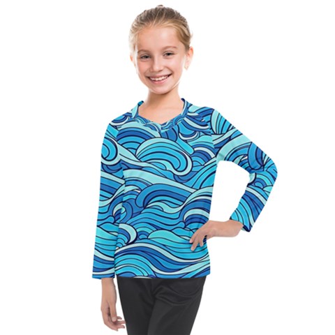 Pattern Ocean Waves Blue Nature Sea Abstract Kids  Long Mesh Tee by Pakemis