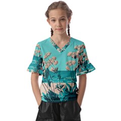 Beach Ocean Flowers Flower Floral Plants Vacation Kids  V-neck Horn Sleeve Blouse by Pakemis