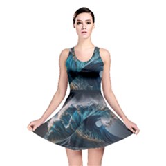 Tsunami Waves Ocean Sea Water Rough Seas 5 Reversible Skater Dress by Pakemis