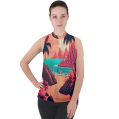 Tropical Beach Sea Jungle Ocean Landscape Mock Neck Chiffon Sleeveless Top by Pakemis