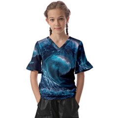 Tsunami Waves Ocean Sea Water Rough Seas 3 Kids  V-neck Horn Sleeve Blouse by Pakemis