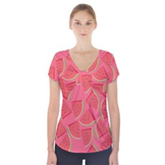 Watermelon Background Watermelon Wallpaper Short Sleeve Front Detail Top by Wegoenart