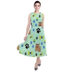 Dog Pattern Seamless Blue Background Scrapbooking Round Neck Boho Dress by Wegoenart