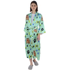 Dog Pattern Seamless Blue Background Scrapbooking Maxi Satin Kimono by Wegoenart