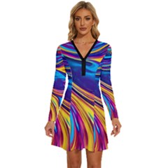 Dancing In The Liquid Light Long Sleeve Deep V Mini Dress  by GardenOfOphir