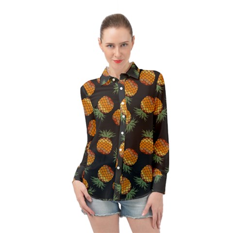 Pineapple Background Pineapple Pattern Long Sleeve Chiffon Shirt by Wegoenart