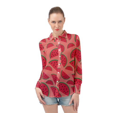 Watermelon Red Food Fruit Healthy Summer Fresh Long Sleeve Chiffon Shirt by Wegoenart