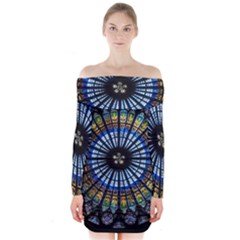 Mandala Floral Rose Window Strasbourg Cathedral France Long Sleeve Off Shoulder Dress by Semog4