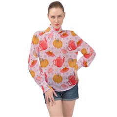 Pumpkin Tea Cup Pie Dessert High Neck Long Sleeve Chiffon Top by Semog4