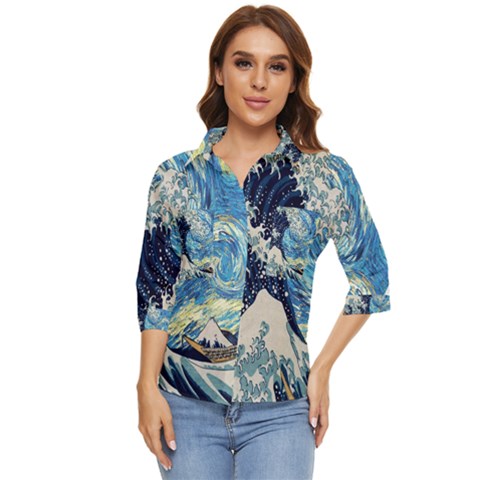 Starry Night Hokusai Vincent Van Gogh The Great Wave Off Kanagawa Women s Quarter Sleeve Pocket Shirt by Semog4