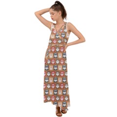 Colorful Whimsical Owl Pattern V-neck Chiffon Maxi Dress by GardenOfOphir