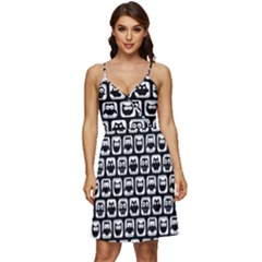 Black And White Owl Pattern V-neck Pocket Summer Dress  by GardenOfOphir