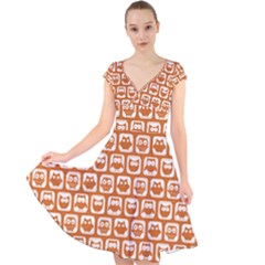 Orange And White Owl Pattern Cap Sleeve Front Wrap Midi Dress by GardenOfOphir