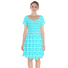 Aqua Turquoise And White Owl Pattern Short Sleeve Bardot Dress by GardenOfOphir