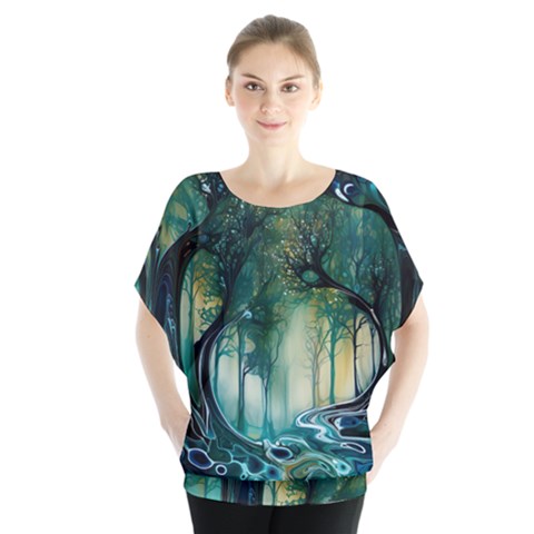 Trees Forest Mystical Forest Nature Batwing Chiffon Blouse by Ravend