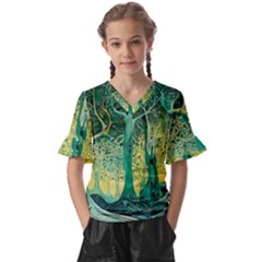 Nature Trees Forest Mystical Forest Jungle Kids  V-neck Horn Sleeve Blouse by Ravend