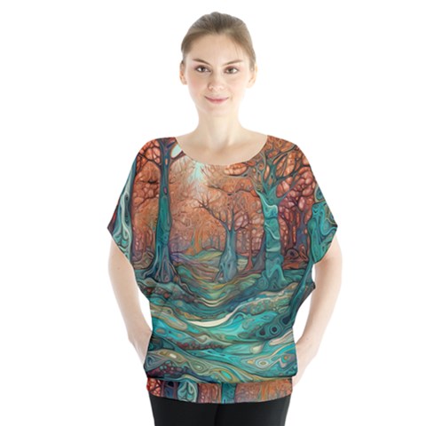 Ai Generated Tree Forest Mystical Forest Nature Batwing Chiffon Blouse by Ravend