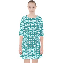 Teal And White Owl Pattern Quarter Sleeve Pocket Dress by GardenOfOphir