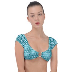 Teal And White Owl Pattern Cap Sleeve Ring Bikini Top by GardenOfOphir