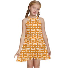 Yellow And White Owl Pattern Kids  Halter Collar Waist Tie Chiffon Dress by GardenOfOphir