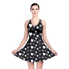 Hearts Snowflakes Black Background Reversible Skater Dress by Jancukart