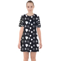 Hearts Snowflakes Black Background Sixties Short Sleeve Mini Dress by Jancukart