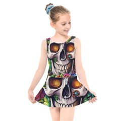 Gothic Skull With Flowers - Cute And Creepy Kids  Skater Dress Swimsuit by GardenOfOphir