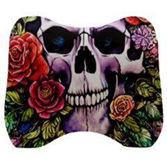 Sugar Skull With Flowers - Day Of The Dead Velour Head Support Cushion by GardenOfOphir