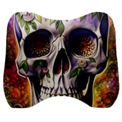 Cute Sugar Skull With Flowers - Day Of The Dead Velour Head Support Cushion by GardenOfOphir