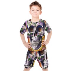 Cute Sugar Skull With Flowers - Day Of The Dead Kids  Tee And Shorts Set by GardenOfOphir