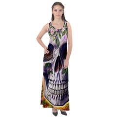 Cute Sugar Skull With Flowers - Day Of The Dead Sleeveless Velour Maxi Dress by GardenOfOphir