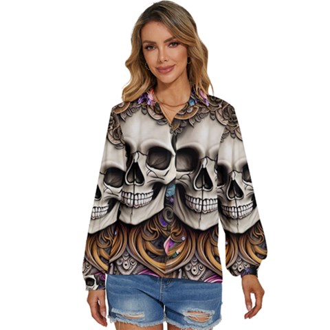 Skull Bones Women s Long Sleeve Button Down Shirt by GardenOfOphir