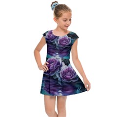 Roses Water Lilies Watercolor Kids  Cap Sleeve Dress by Ravend