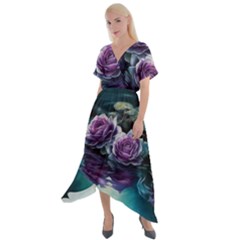 Roses Water Lilies Watercolor Cross Front Sharkbite Hem Maxi Dress