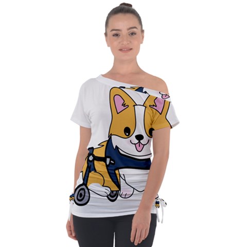 Puppy Cartoon Corgi Off Shoulder Tie-up Tee by Semog4