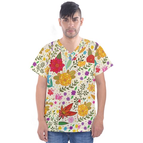 Colorful Flowers Pattern Abstract Patterns Floral Patterns Men s V-neck Scrub Top by Semog4