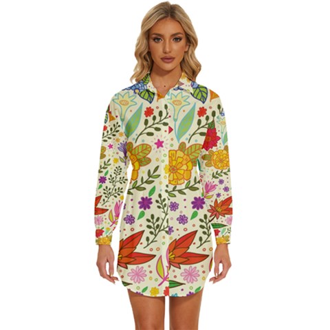 Colorful Flowers Pattern Abstract Patterns Floral Patterns Womens Long Sleeve Shirt Dress by Semog4