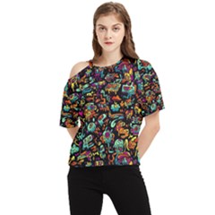 Cartoon Monster Pattern Abstract Background One Shoulder Cut Out Tee by Semog4